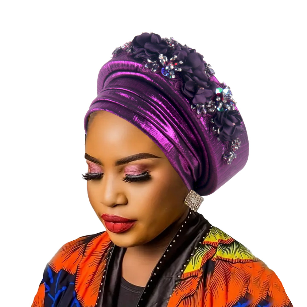 2025新款跨境民族粘重工花美人条两层海绵包头帽turbancap现货