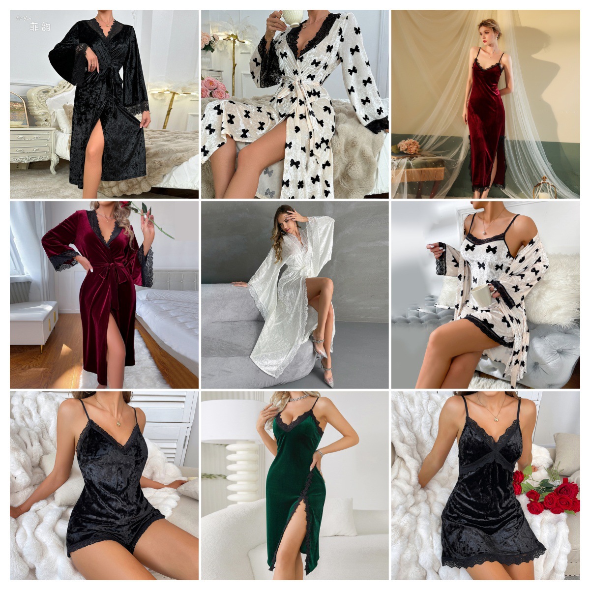 Factory direct sales of velvet and lace patchwork home wear series, sexy V-neck slit nightgowns, halter nightgowns in multiple styles