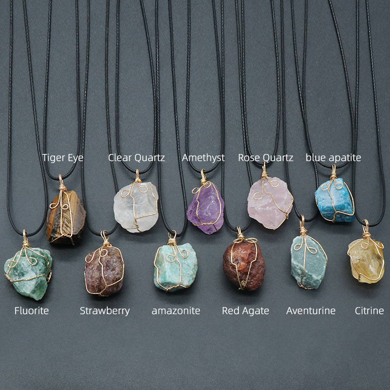 1414- Yellow crystal raw stone wire-wound pendant, pink and white amethyst fluorite, Dongling jade Irregular Stone necklace accessory details Picture