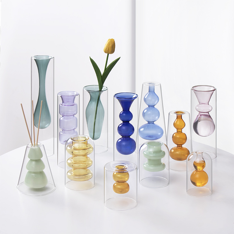 Colored double-layer glass vase, flameless glass art aromatherapy bottle, transparent vase, hydroponic restaurant table decoration Specification image