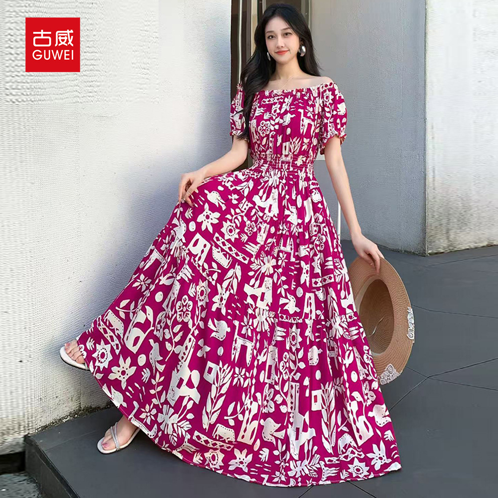 Cross-border off-the-shoulder one-shoulder cotton silk dress, women's summer dress, Bohemian island vacation dress, travel beach dress full figure