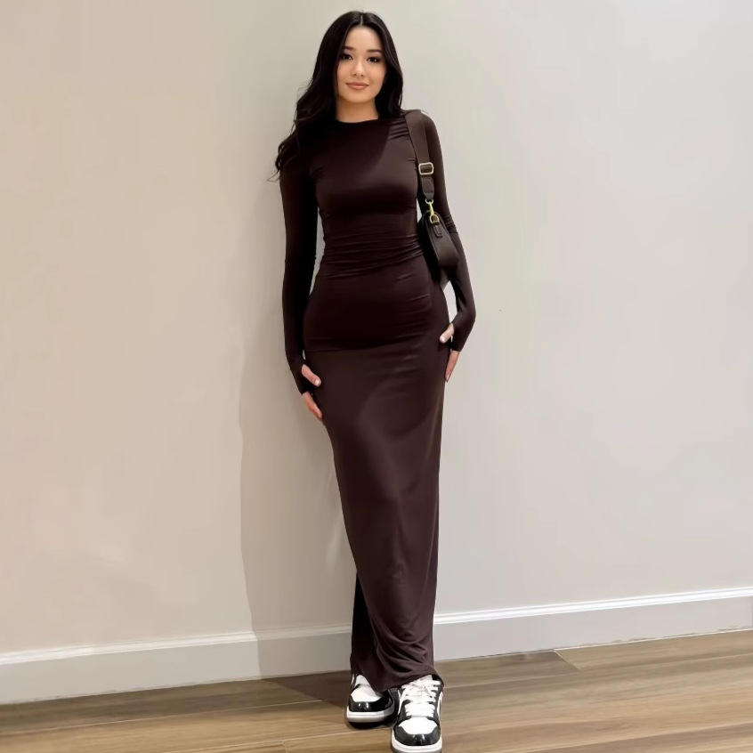 ins cross-border foreign trade European and American finger buckle solid color round neck long-sleeved dress, figure-hugging and slimming long dress, trendy for women details Picture