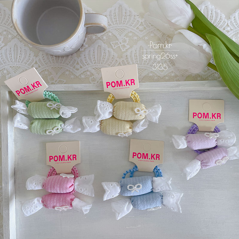 Spring new sweet candy hair band, children's lace pearl bow, high-elasticity ponytail hair tie, baby hair accessory details Picture
