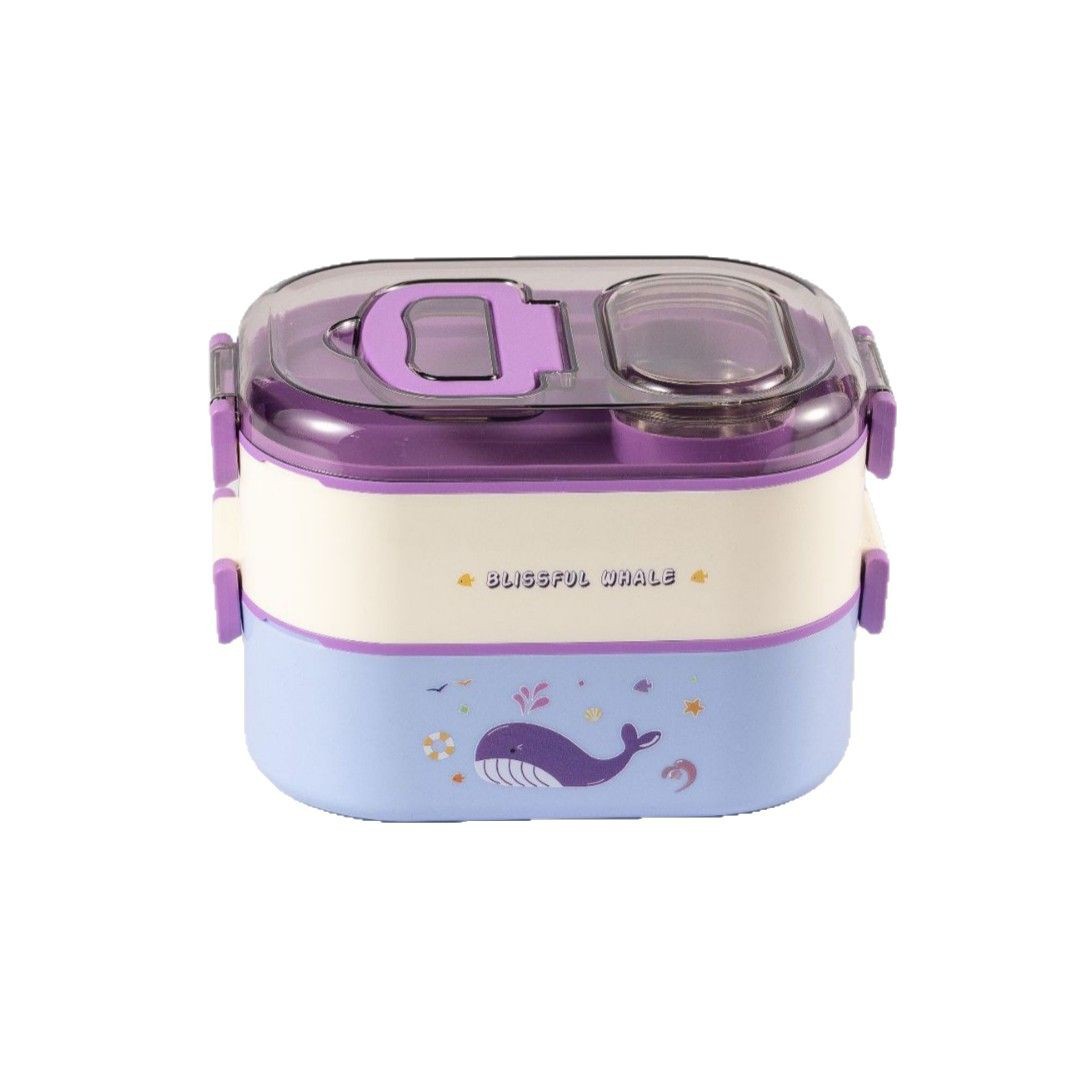 可爱卡通饭盒双层保温餐盒长方形便当盒 食品级学生餐具多格白底实物图