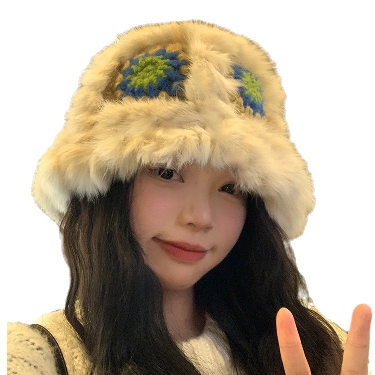 毛绒渔夫帽女冬季兔毛针织毛毛帽子显脸小保暖醒狮帽大头围毛线帽白底实物图