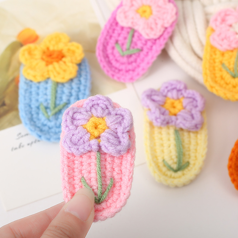 Diy一朵小花bb夹 夏日清新边夹可爱花朵毛线编织发夹头饰发饰女