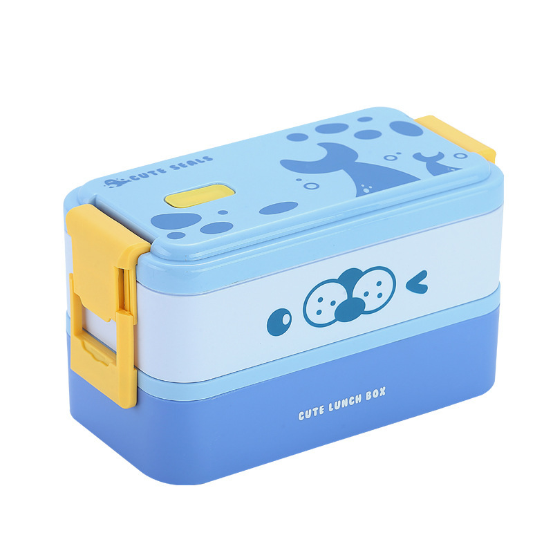 New double-layer cartoon children's lunch box, student portable plastic lunch box, cute compartments lunch box, microwave oven-safe Item Picture