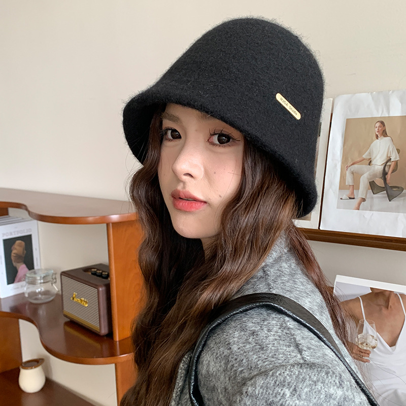韩版水桶帽子女款秋冬季轻奢风百搭盆帽防风保暖护耳羊毛呢渔夫帽细节图