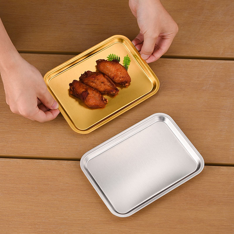 不锈钢韩式烤肉盘加厚长方形托盘浅盘小吃平底盘烧烤甜品蛋糕盘子细节图