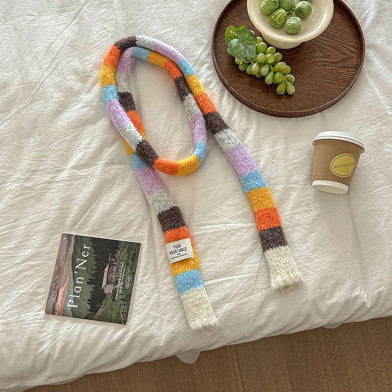 Dopamine pure color-blocked striped autumn and winter long strip small scarf for women, Korean style Instagram atmosphere, versatile neck brace details Picture