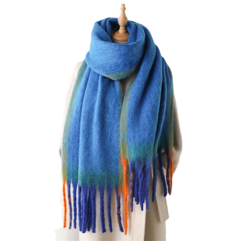 A new European-style faux cashmere warm shawl scarf for both men and women, suitable for autumn and winter. It features a color-blocked gradient tassel loop gauze scarf Item Picture