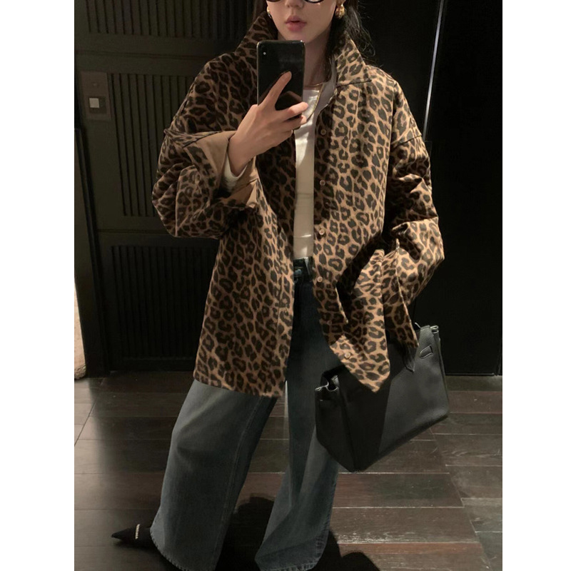 美式复古豹纹Polo领衬衣外套女早秋慵懒风宽松气质中长款风衣上衣