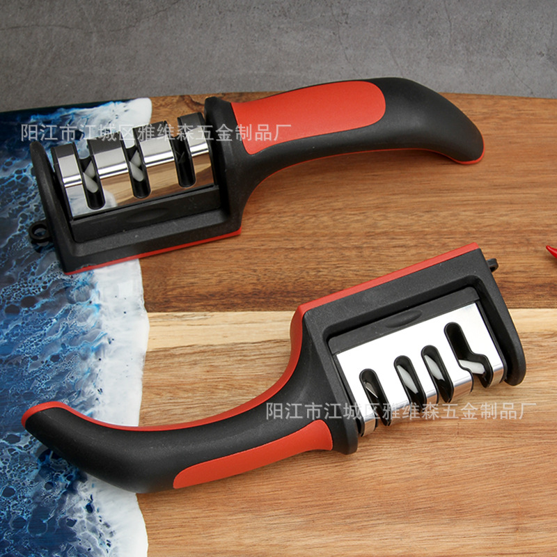 Cross-border handheld rojo negro afilador de cuchillos piedra afilador manual afilador rápido cocina hogar tres secciones cuatro secciones afilador de cuchillos barra