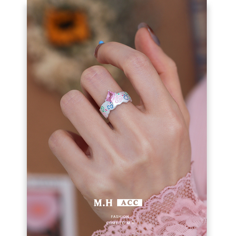 Dopamine colored ring for women, simple and versatile, elegant open ring, sweet, spicy, cute and niche cartoon index finger ring details Picture