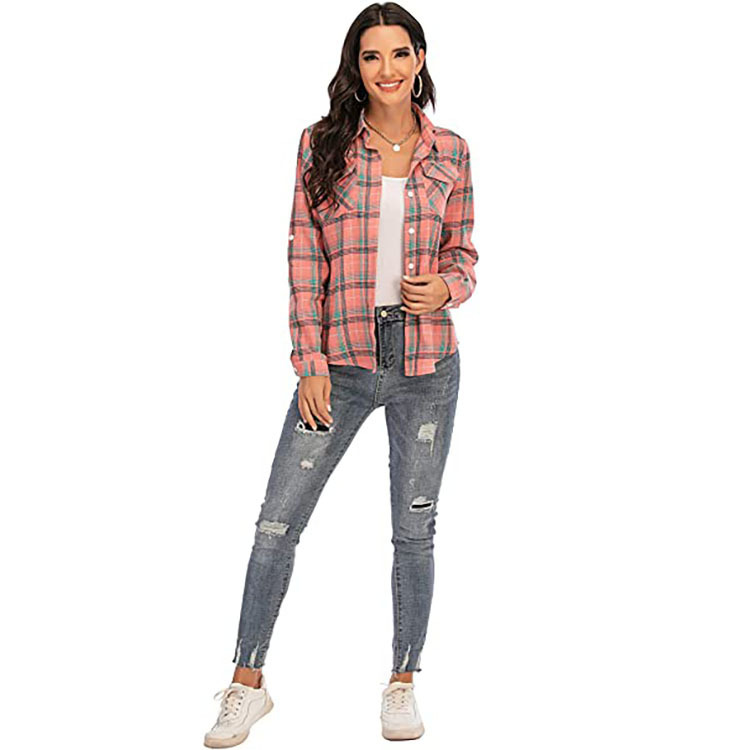 Amazon Women's Autumn and Winter new style foreign trade college sub-shirt, European and American women's lapel long-sleeved plaid shirt Specification drawing