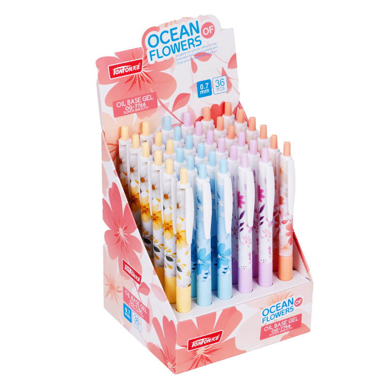 Wholesale of smooth oil pens in stock. 7766 blue oil pens per box, 36 pieces. Flower-handled oil pens Item Picture