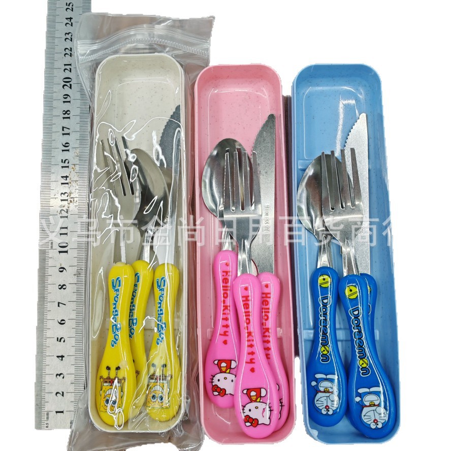 Three-piece cartoon plastic fork, knife and spoon set for students, adults, office workers and outdoor portable tableware storage box Item Picture