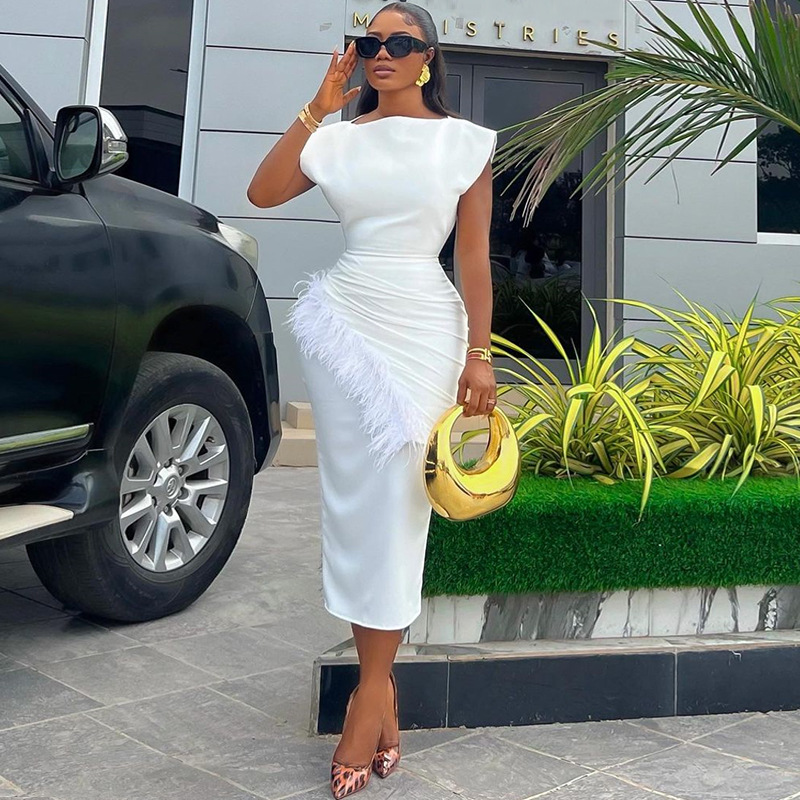 European and American cross-border women's clothing 2026 Summer new fashion short-sleeved solid color pleated frilled slim mid-length dress full figure