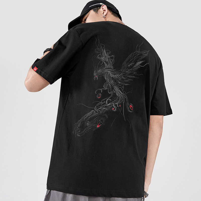 Primavera verano 2026 nuevo estilo de algodón suelto manga corta camiseta para hombres moda nacional China moda masculina phoenix bordado media manga marca de moda