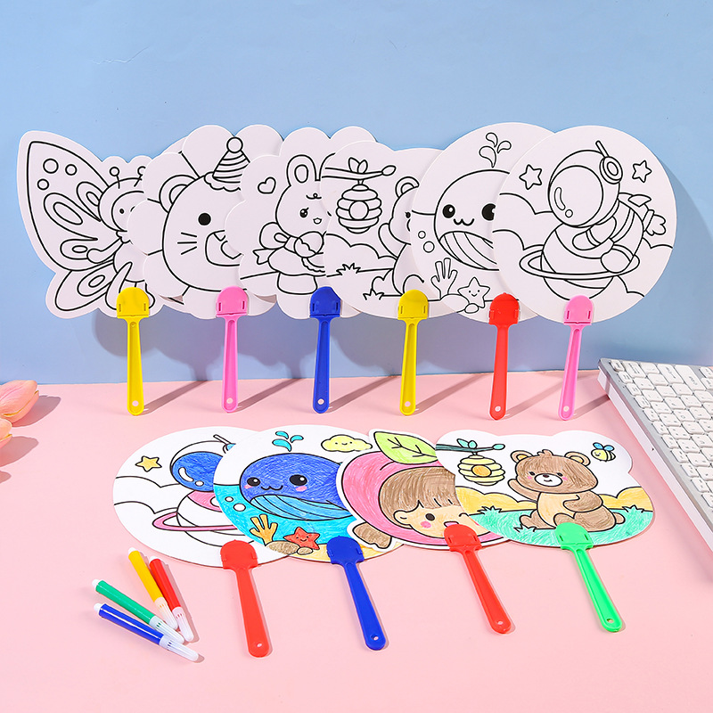 儿童卡通DIY涂鸦扇 幼儿园手工小礼品小学生彩绘填色小扇子批发