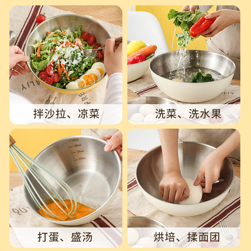 Factory direct sales of Korean-style salad bowls, stainless steel household salad bowls with scales, washbasins, baking and egg-beating cooking basins Application Scenario