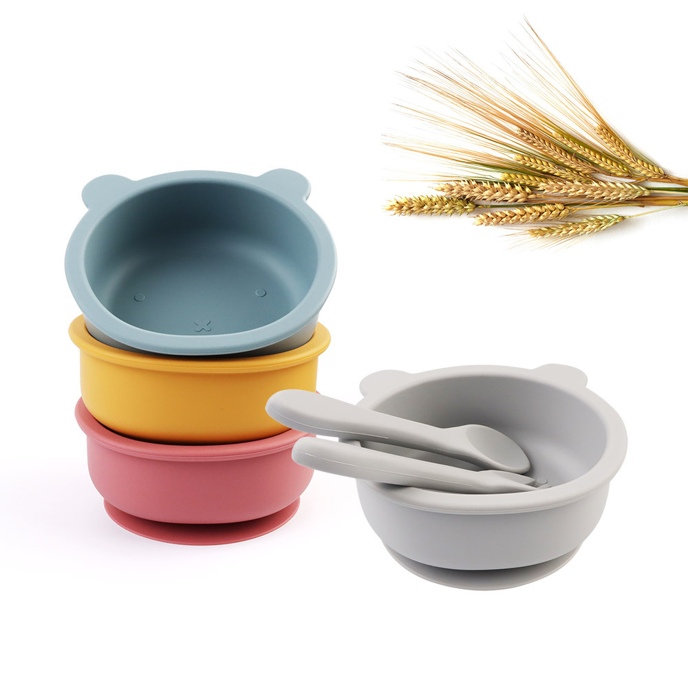 Baby silicone complementary food bowl, fork and spoon set, suction cup type children's easy-to-wash feeding tableware manufacturer wholesale, cute cartoon Item Picture