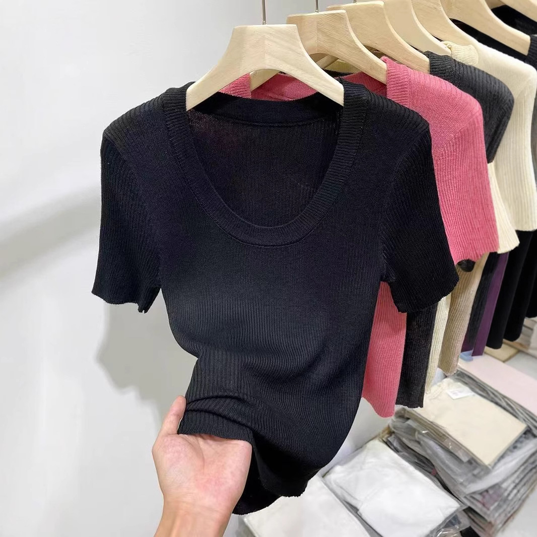 In 2025, a Korean-style U-neck off-the-shoulder knitted short-sleeved sweater for women, a thin solid color versatile spring short top for women Specification image