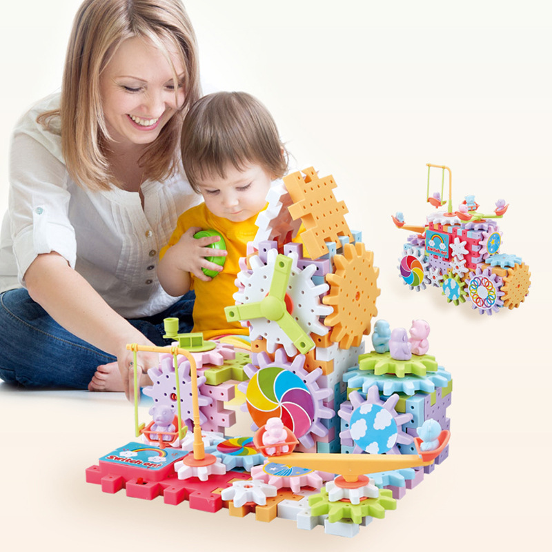 83 pieces of Qianbian electric building blocks, DIY macarons, gear rotating toys, children's educational assembly wholesale details Picture