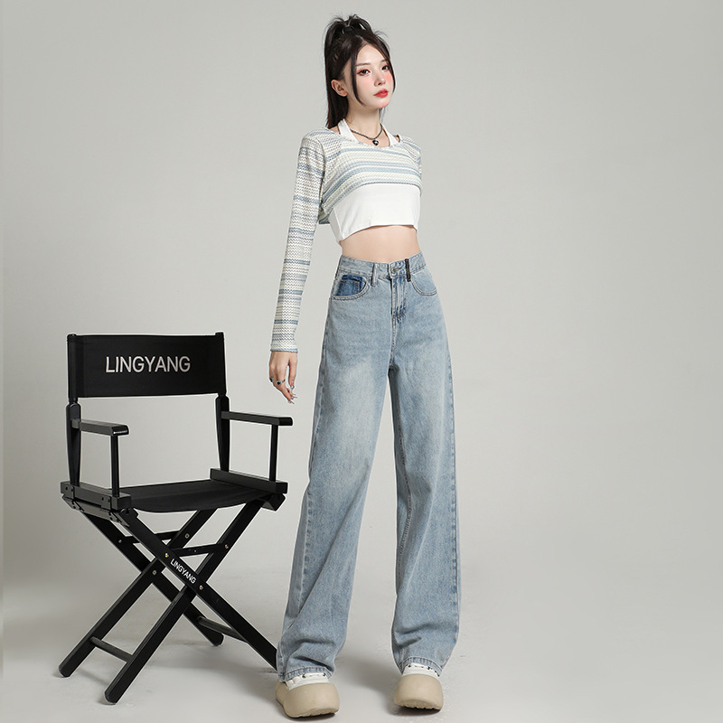 Custom-made off-white jeans for women in the autumn of 2024 are a bestseller. They are high-waisted, slimming, and narrow straight-leg pants details Picture