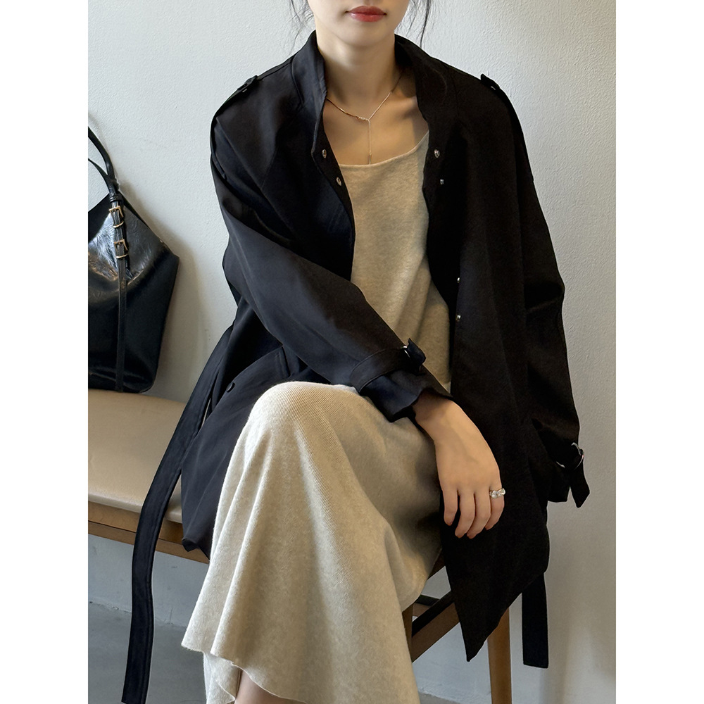 Yan Shuang British-style stand-up collar trench coat for women, autumn loose, casual, lace-up, waist-cinching short style 82585 details Picture