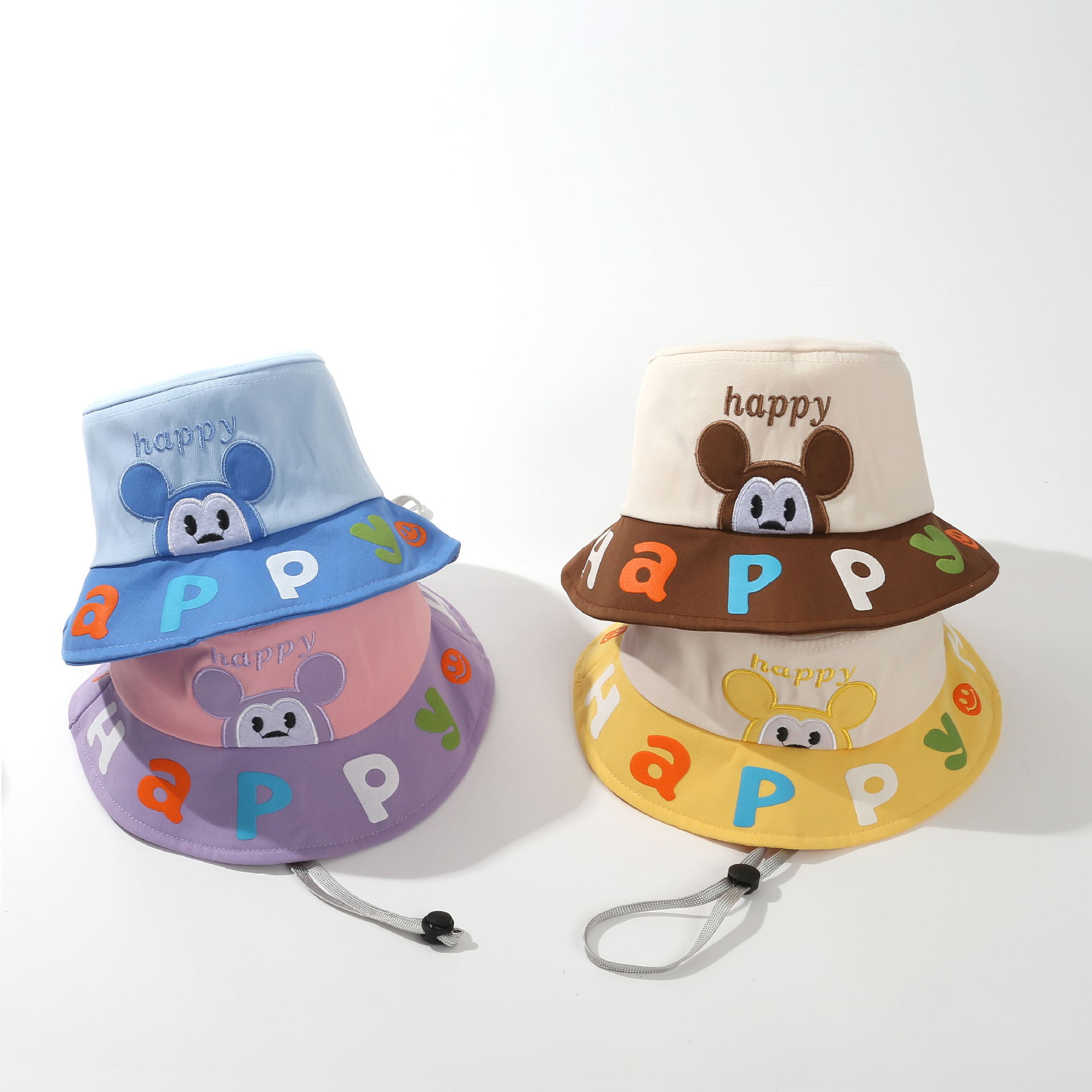 New children's hats, cute cartoon animal windproof rope fisherman hats for spring and autumn, versatile basin hats for boys and girls to shade the sun Specification image