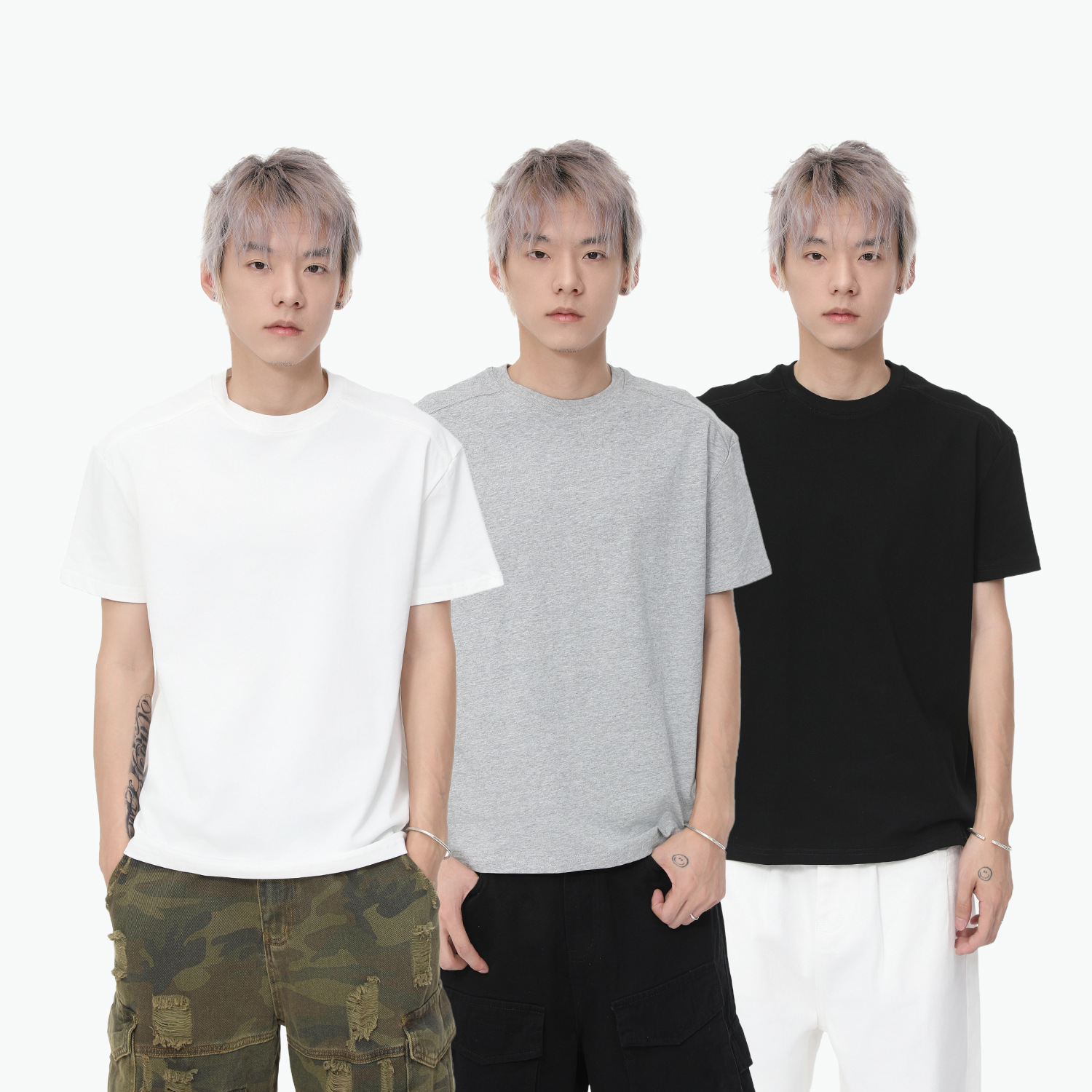 MTLCLOTHES男装|韩版简约纯色双肩线立体圆领套头纯棉休闲短袖潮