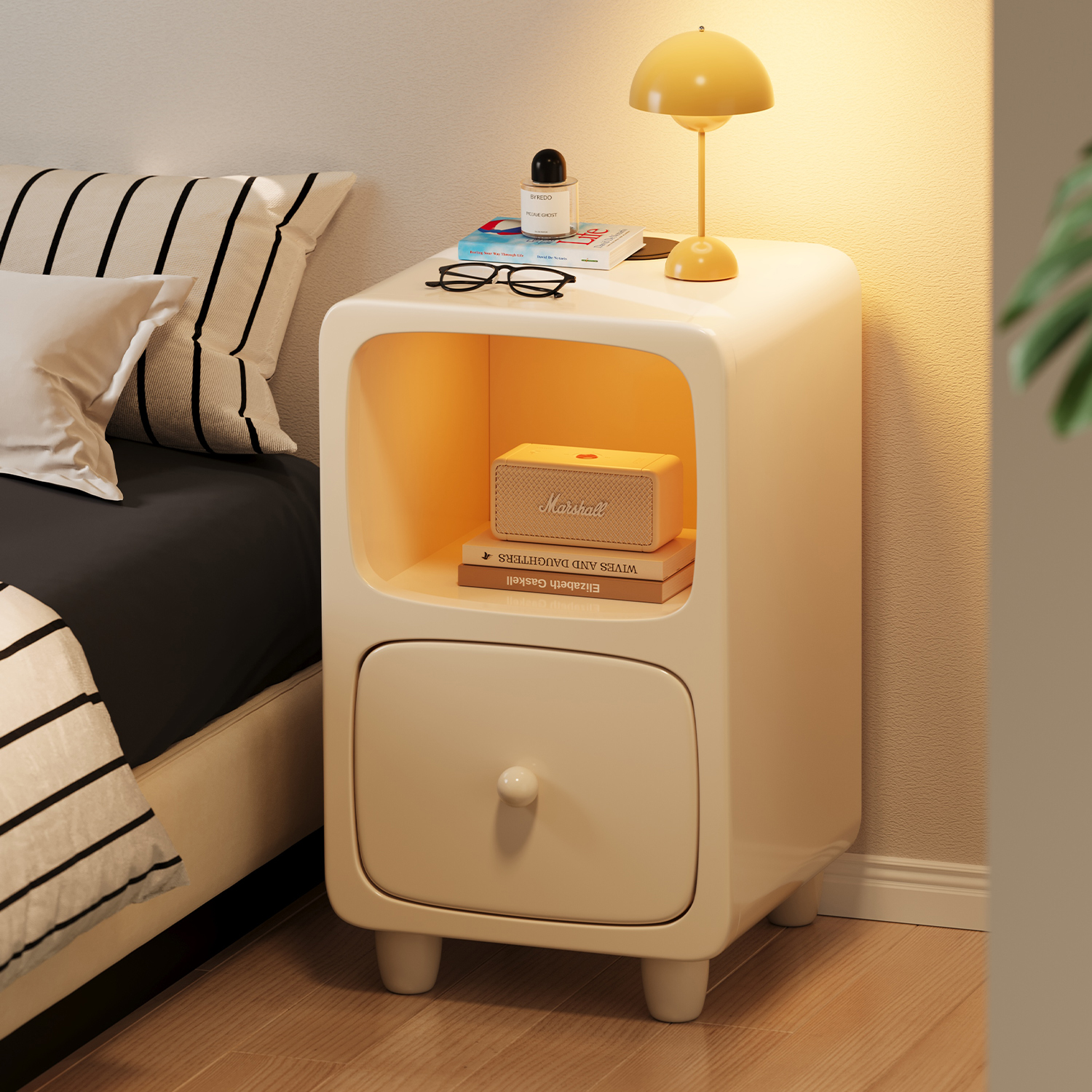 小型木质床头柜奶油风床头柜小户型床边柜儿童卧室床头亮灯床头柜