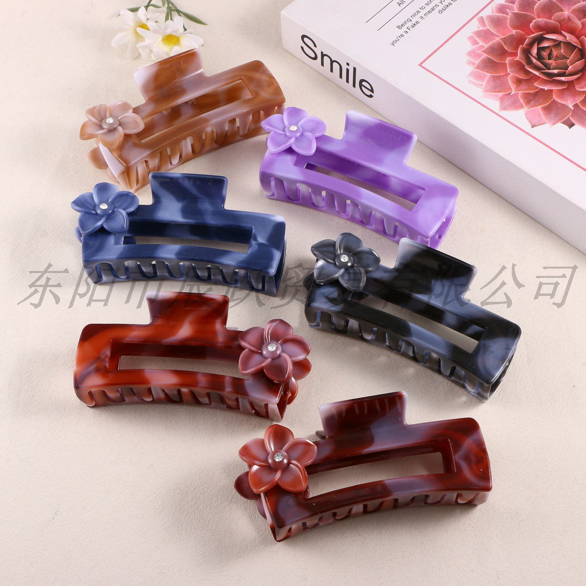 Flower dot diamond accessory, square clip, caramel-colored color-coated flower square clip, high-end look, back of the head updo hair accessory, women's headwear
