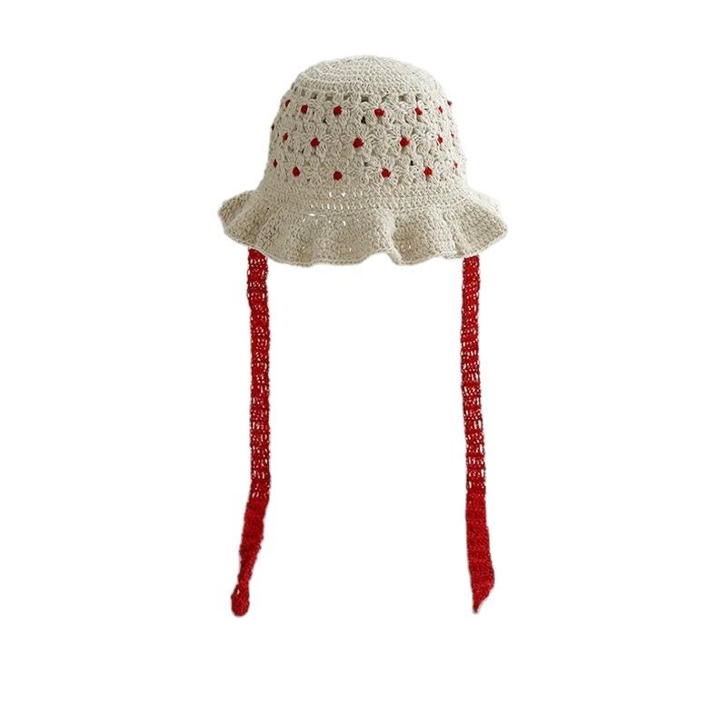 Fashionable and retro handcrafted crocheted color-blocking fisherman's hat, women's concave shape basin hat, new spring and summer hollowed-out lace-up hat Item Picture