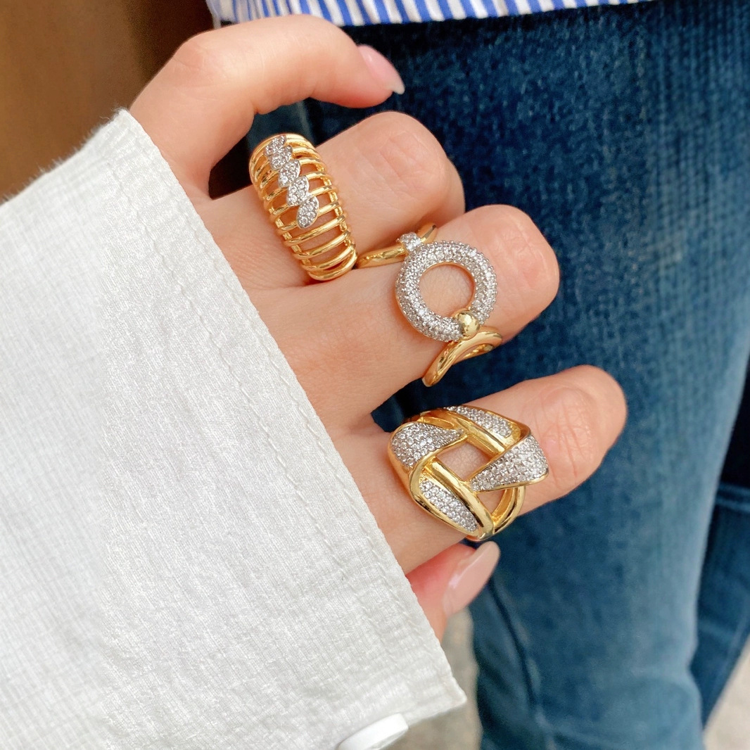 vintage genuine gold electroplated with diamond setting, fashionable and elegant, exquisite and versatile ring jewelry full figure