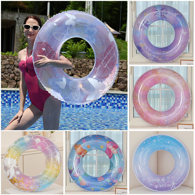 Wholesale of cross-border thickened transparent bright sheet swimming rings, children's cartoon with armpit rings, adult and adolescent inflatable swimming rings