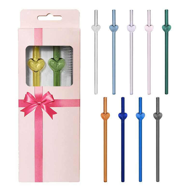 Glass straw set, high borosilicate heart-shaped pink blow-molded straw combination, Valentine's Day gift in stock wholesale Specification image