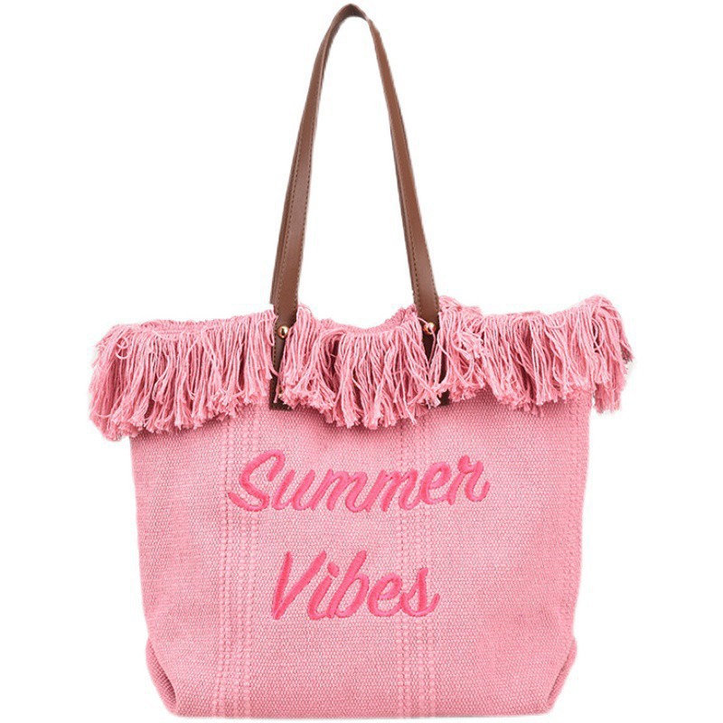 Cross-border canvas bag, printed canvas bag, large-capacity canvas tote bag, women's single-shoulder bag, new beach bag, tassel embroidery women's bag, crossbody backpack, hand-held single-shoulder tote bag, canvas bag Item Picture