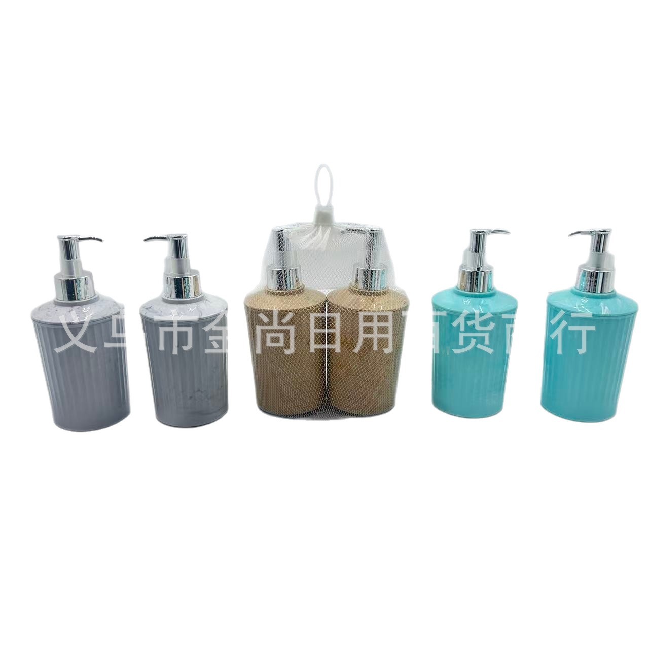 High-appearancy-level homestay round PP flow-patterned three-color lotion bottle, silver-plated high-end shampoo and body wash bottle press Item Picture