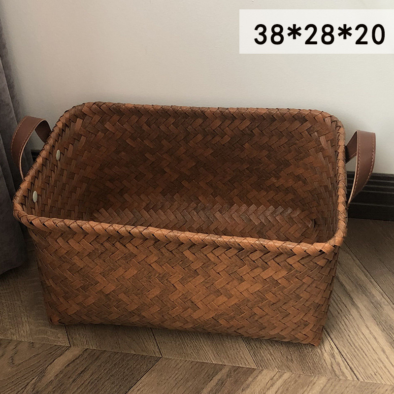 American-style high-end storage basket, dirty clothes basket, popular imitation rattan woven PU handle laundry bucket, snack and toy dirty clothes basket full image