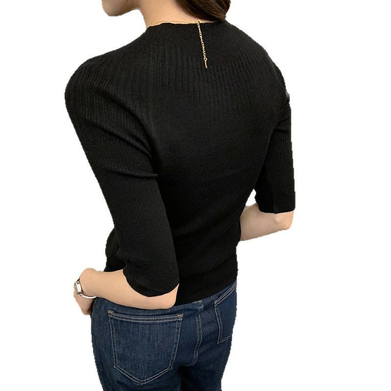 This Korean high-end, super good-looking off-the-shoulder, mid-sleeved knitted sweater is a new slimming top for women in Spring/Summer 2025 Item Picture