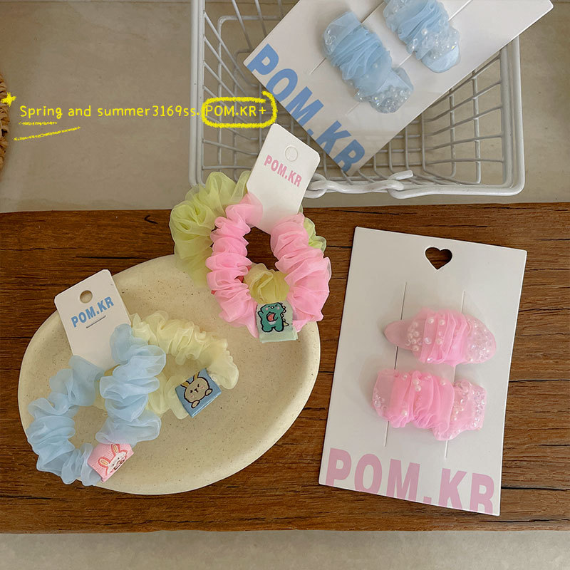 New Korean-style colorful organza children's hair clips, handcrafted pearl rhinestone bye-bye-bye-bye-bye-baby sweet matching hair bands Specification image
