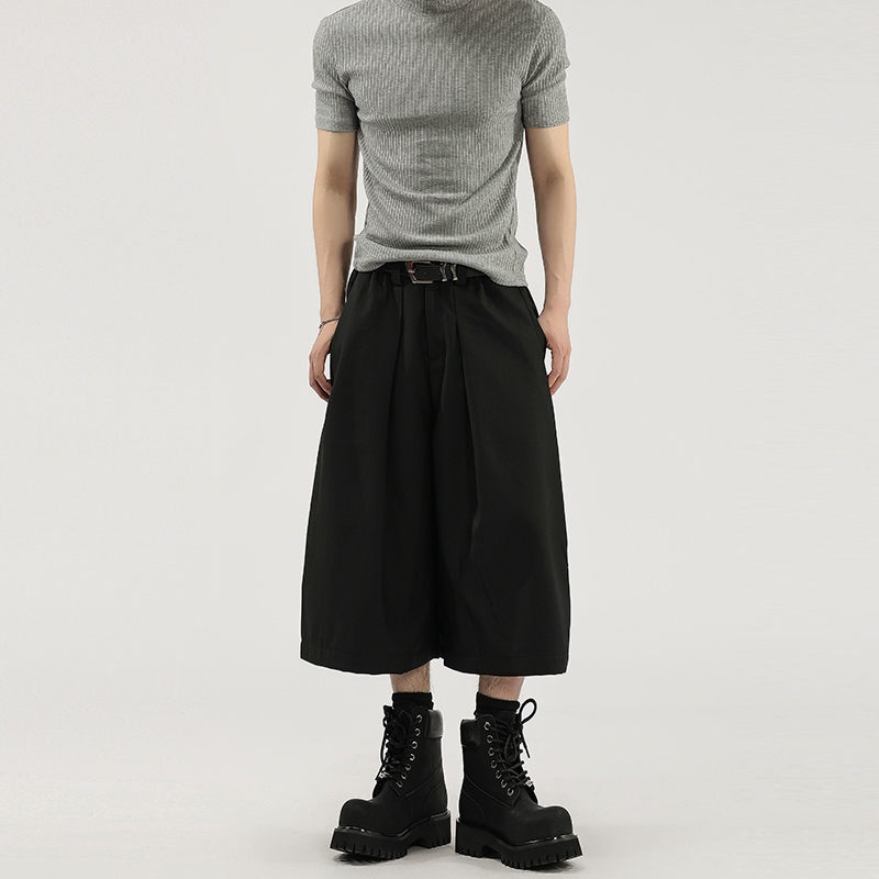 Solid color, wide-leg, pleated, drape, semi-elastic, tight-waisted, capridged pants for both men and women, casual dress pants and shorts, trendy details Picture