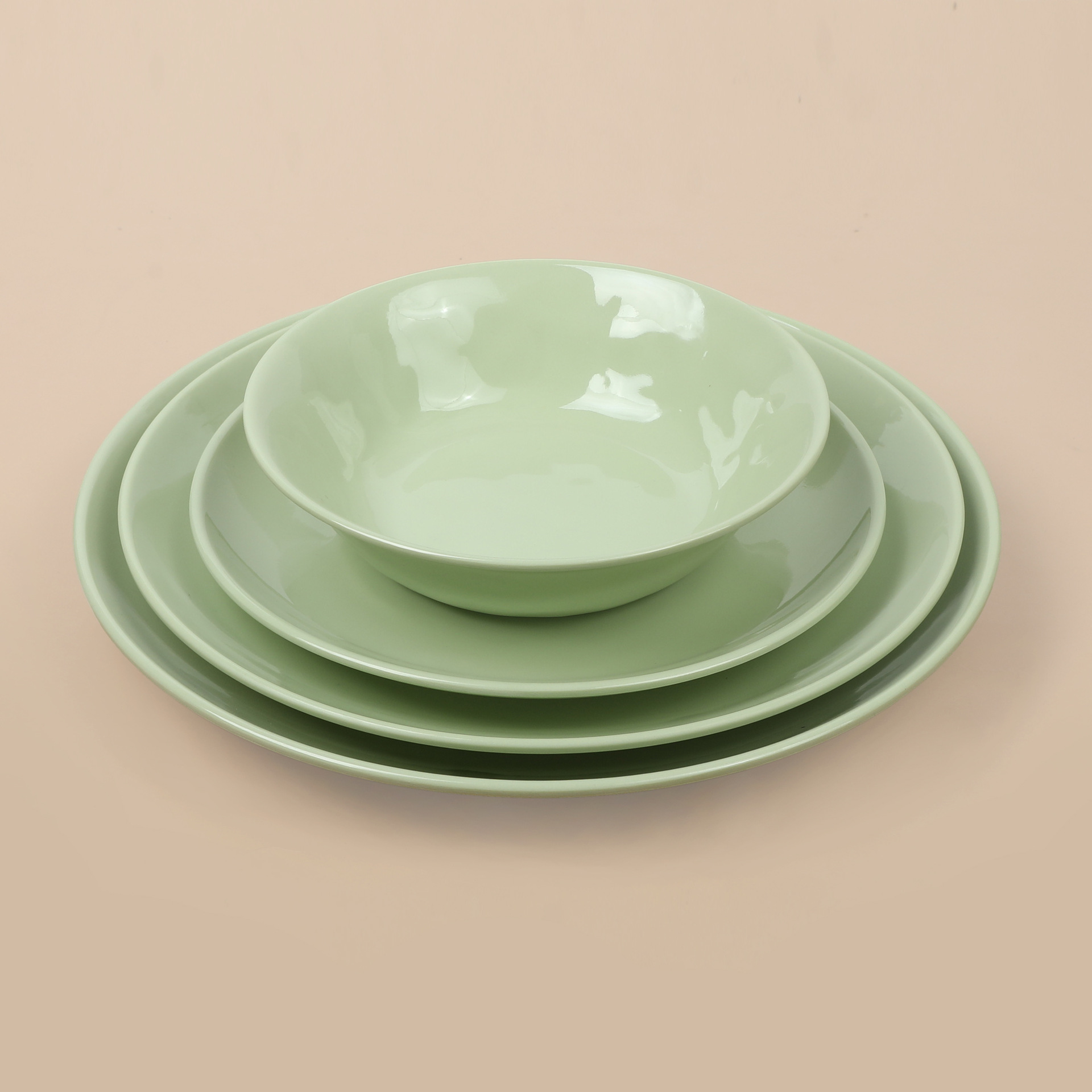 Wholesale of green round plates, melamine imitation porcelain flat plates, restaurant plates, hotel deep plates, round plates and stir-frying plates full figure