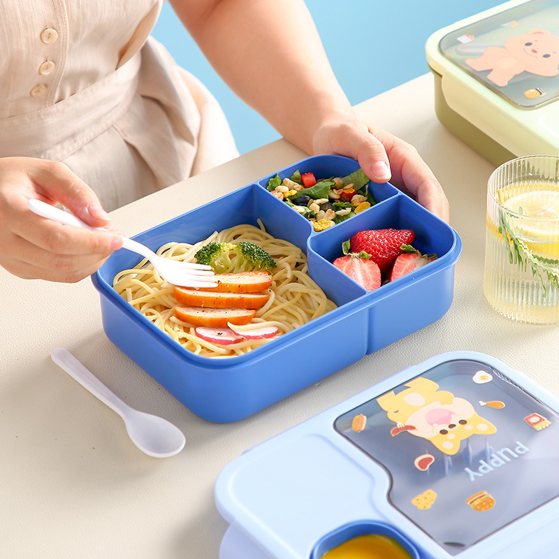 The cartoon cute student lunch box has a large capacity with compartments, a dipping sauce box, tableware, and a lunch box that can be heated in a microwave oven Specification image