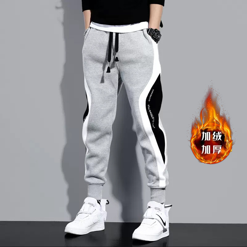 New thickened, warm, fashionable, color-blocking and trendy embroidered English tight-fitting sweatpants for men in autumn and winter full figure