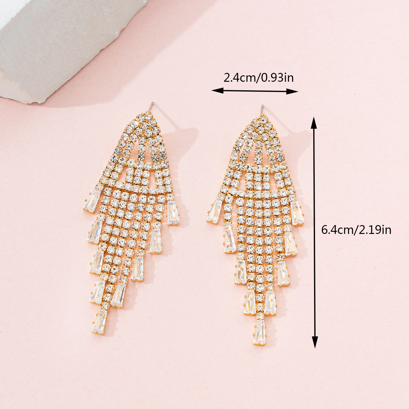 European and American cross-border design sense geometric hollowed-out rhinestone tassel zirconia earrings, Korean style simple, elegant and versatile foreign trade accessories Specification image