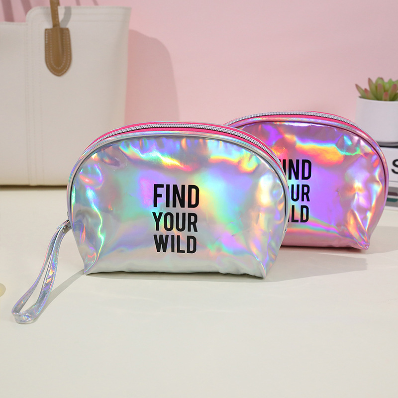 Cross-border letter laser PU makeup bag, women's portable semi-round hand-held makeup bag, waterproof toiletries storage bag details Picture