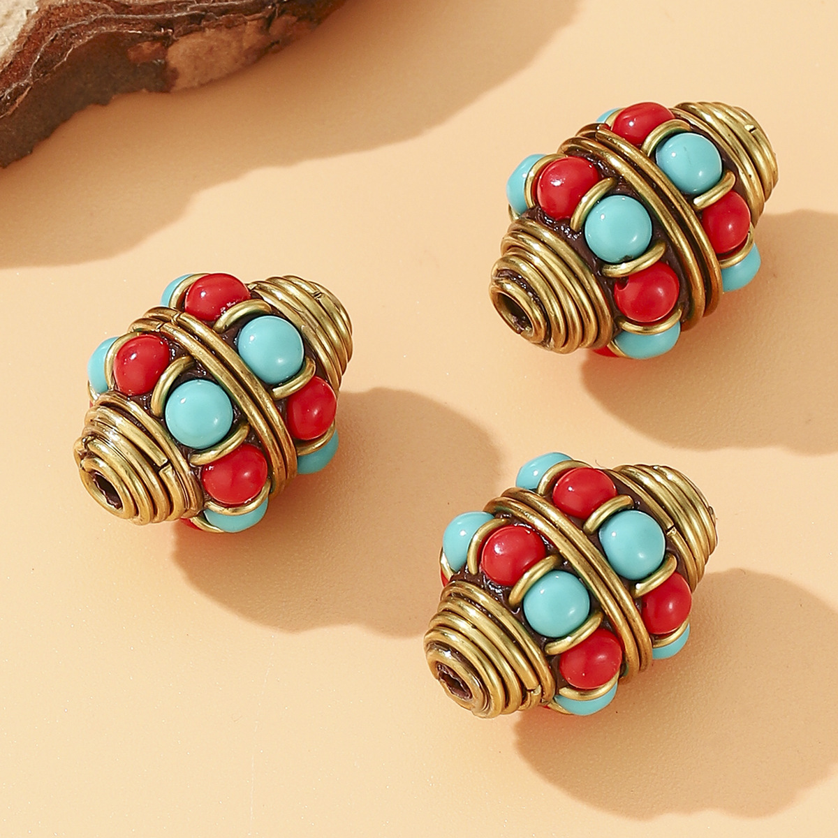 2024 New style Tibetan Nepalese beads, retro hand-inlaid red and blue beads, barrel beads, DIY jewelry accessories, brass round details Picture